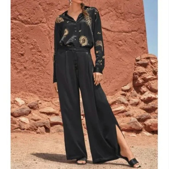 JOHNNY WAS Paradiso High Slit Pants Black Wide Leg Satin Lagenlook NWT - Picture 3 of 16